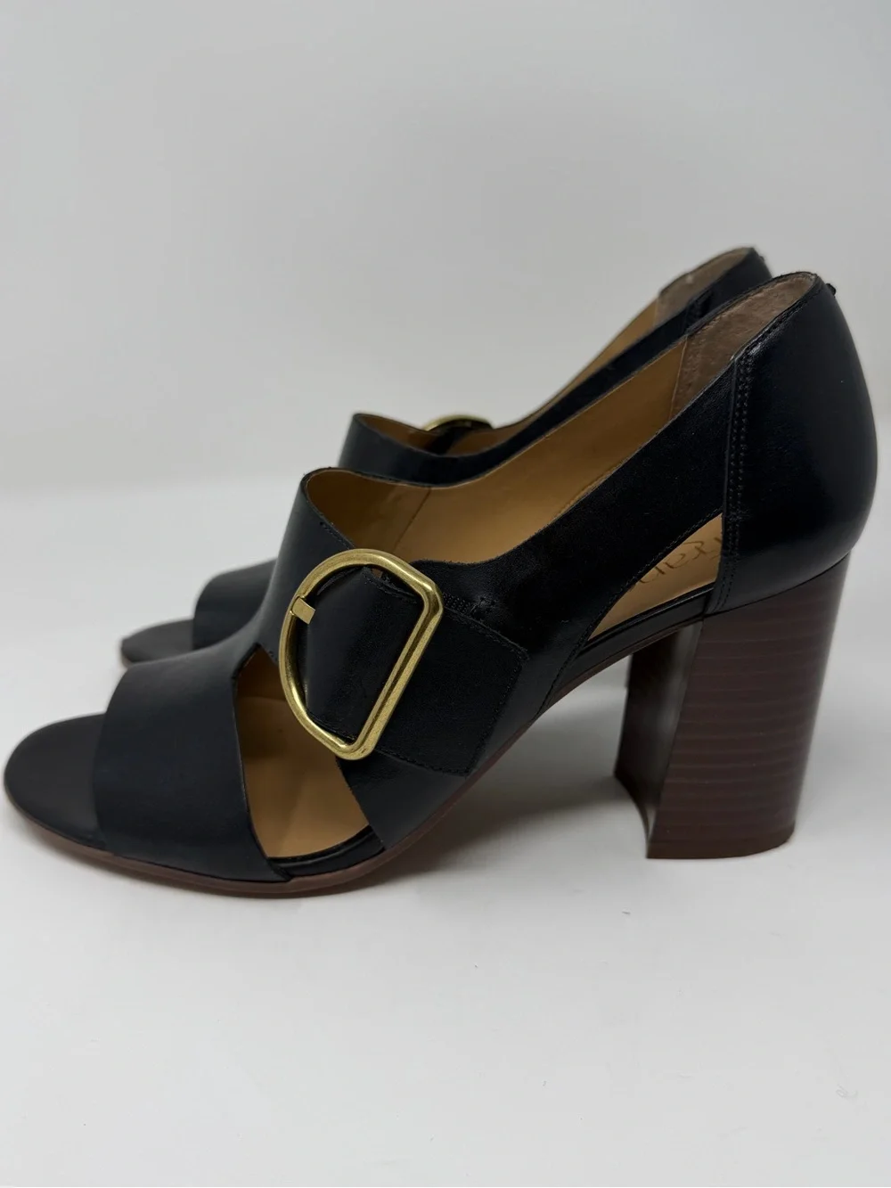 Franco Sarto Black Leather Open-Toe Block Heel Sandals with Gold Buckle Sz. 8.5